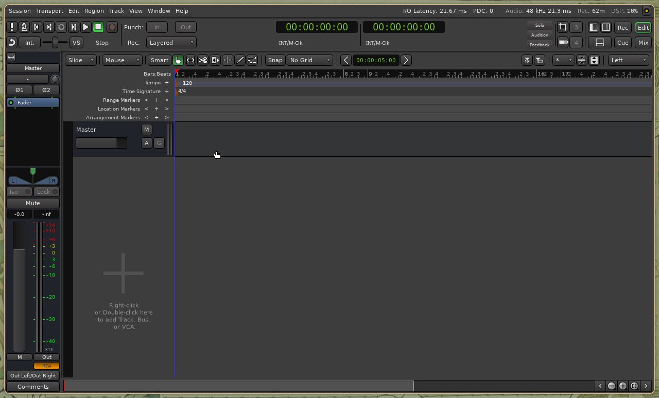 Ardour's editor with an empty session.