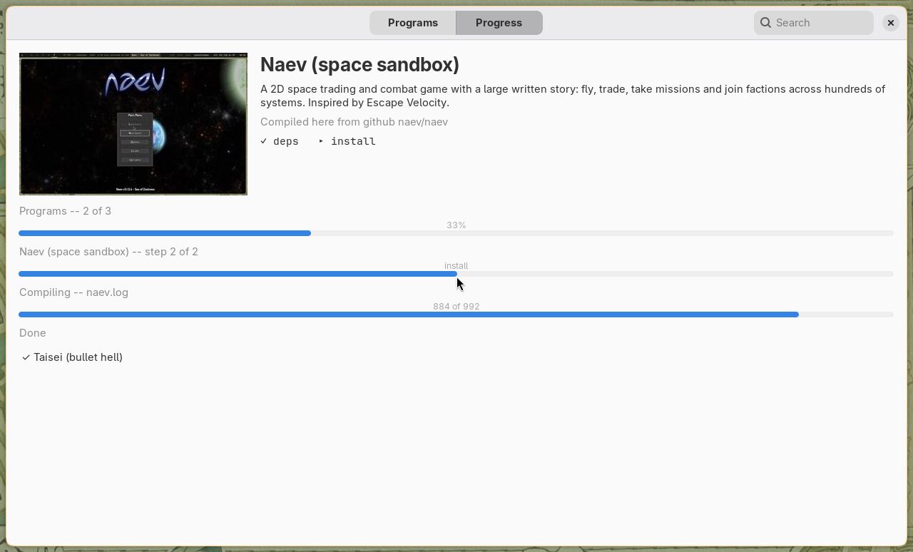 Copal Apps' progress page: Naev being installed, its picture and description, and three progress bars, the innermost reading 884 of 992.