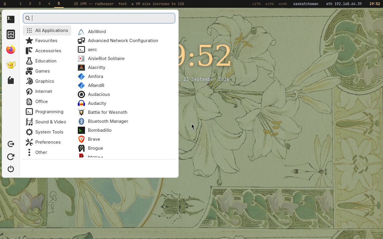 The Copal desktop on Hyprland: an Art Nouveau wallpaper of lilies, a large clock, the bar along the top, and the Mint-style application menu open on the left.