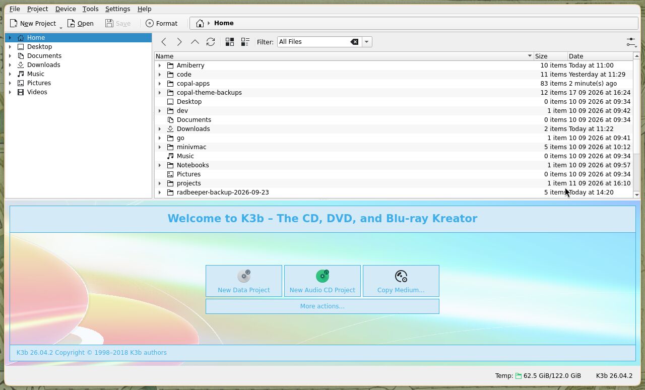 K3b's welcome screen with New Data Project and Copy Medium.