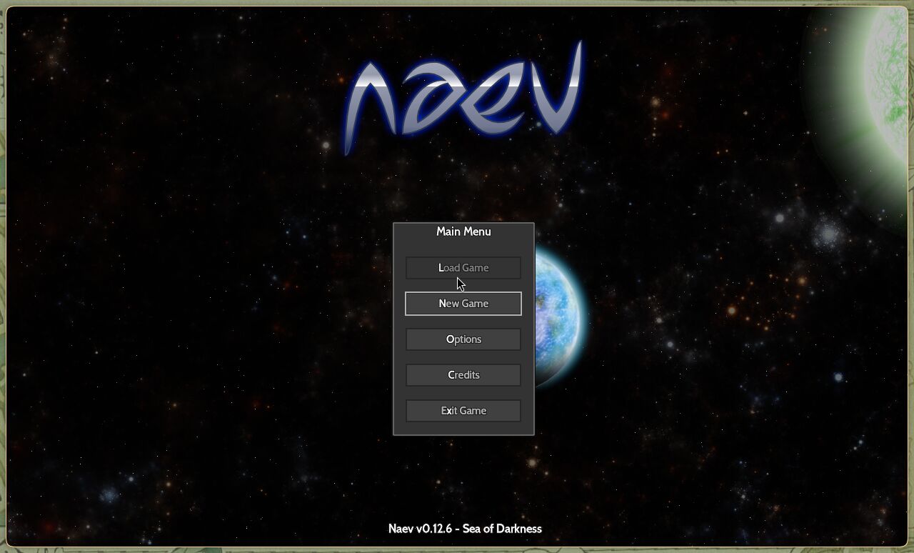 Naev's main menu over a starfield.